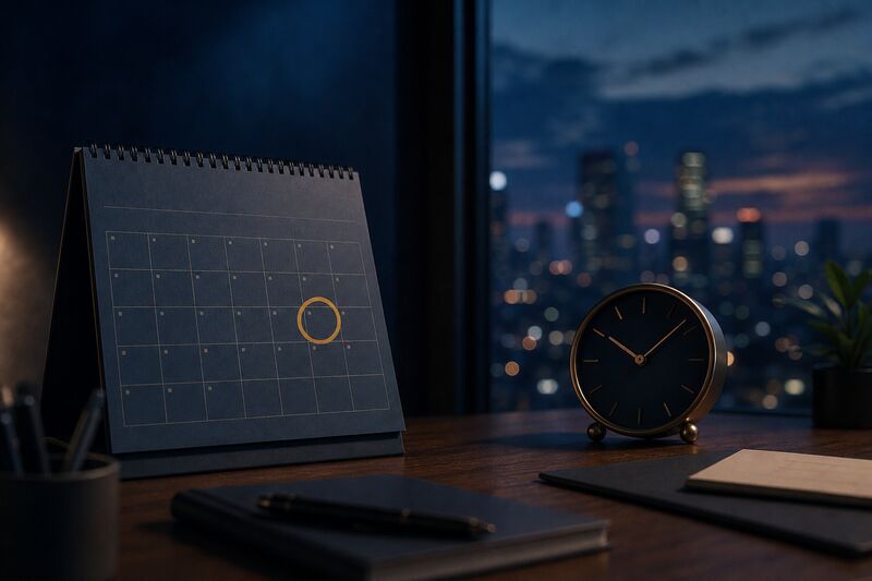 Kalender mit markiertem §34a-Prüfungstermin und Uhr