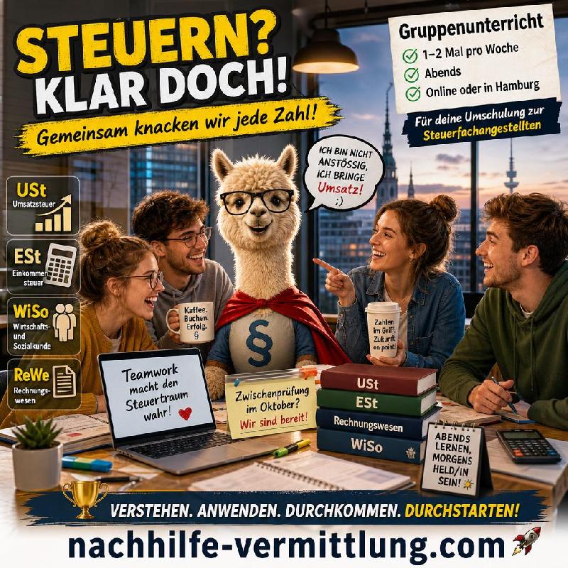 Nachhilfe Buchhaltung, Finanzbuchhaltung, Rechnungswesen, Steuerfachangestellte, Umsatzsteuer, USt, Einkommensteuer, ESt, Wirtschafts- und Sozialkunde, WiSo Hamburg