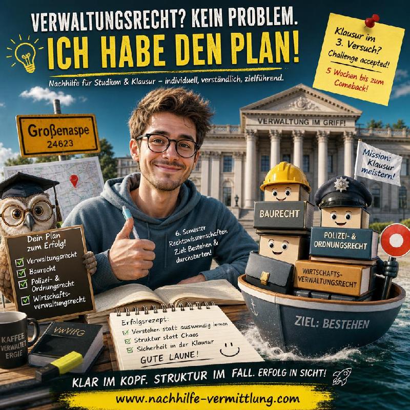 Nachhilfe Verwaltungsrecht, Baurecht, Polizei- und Ordnungsrecht, Wirtschaftsverwaltungsrecht Großenaspe Nachhilfe Verwaltungsrecht, Baurecht, Polizei- und Ordnungsrecht, Wirtschaftsverwaltungsrecht Großenaspe